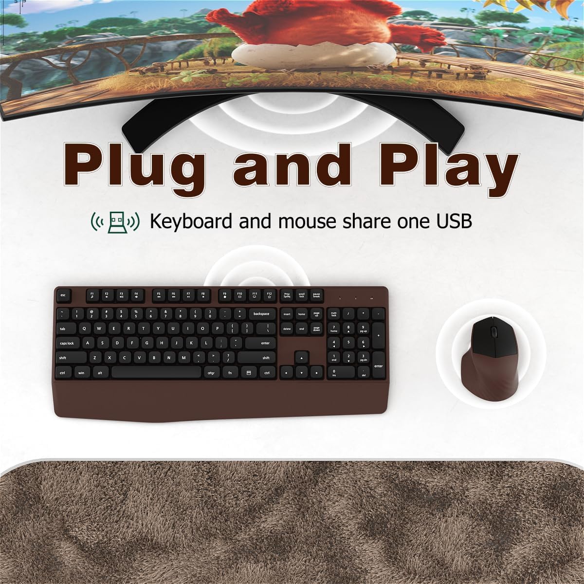 Ergonomic Wireless Keyboard and Mouse Combo with Wrist Rest (Black Coffee)
