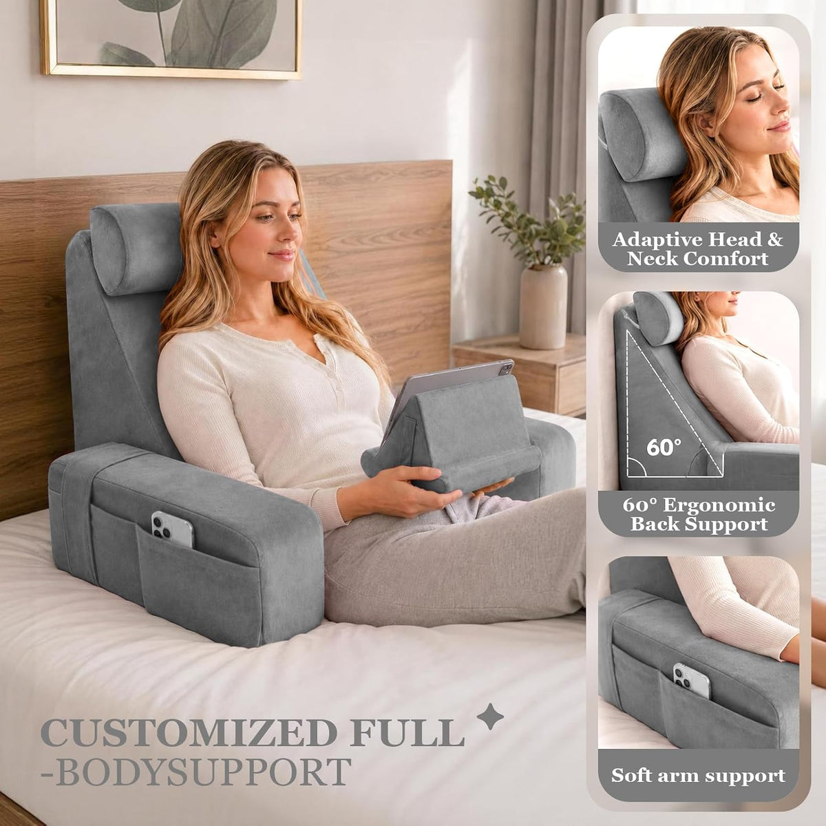 Pillow for Bed Sitting Up,Together with Tablet Pillow Stand,Reading Pillow wi...