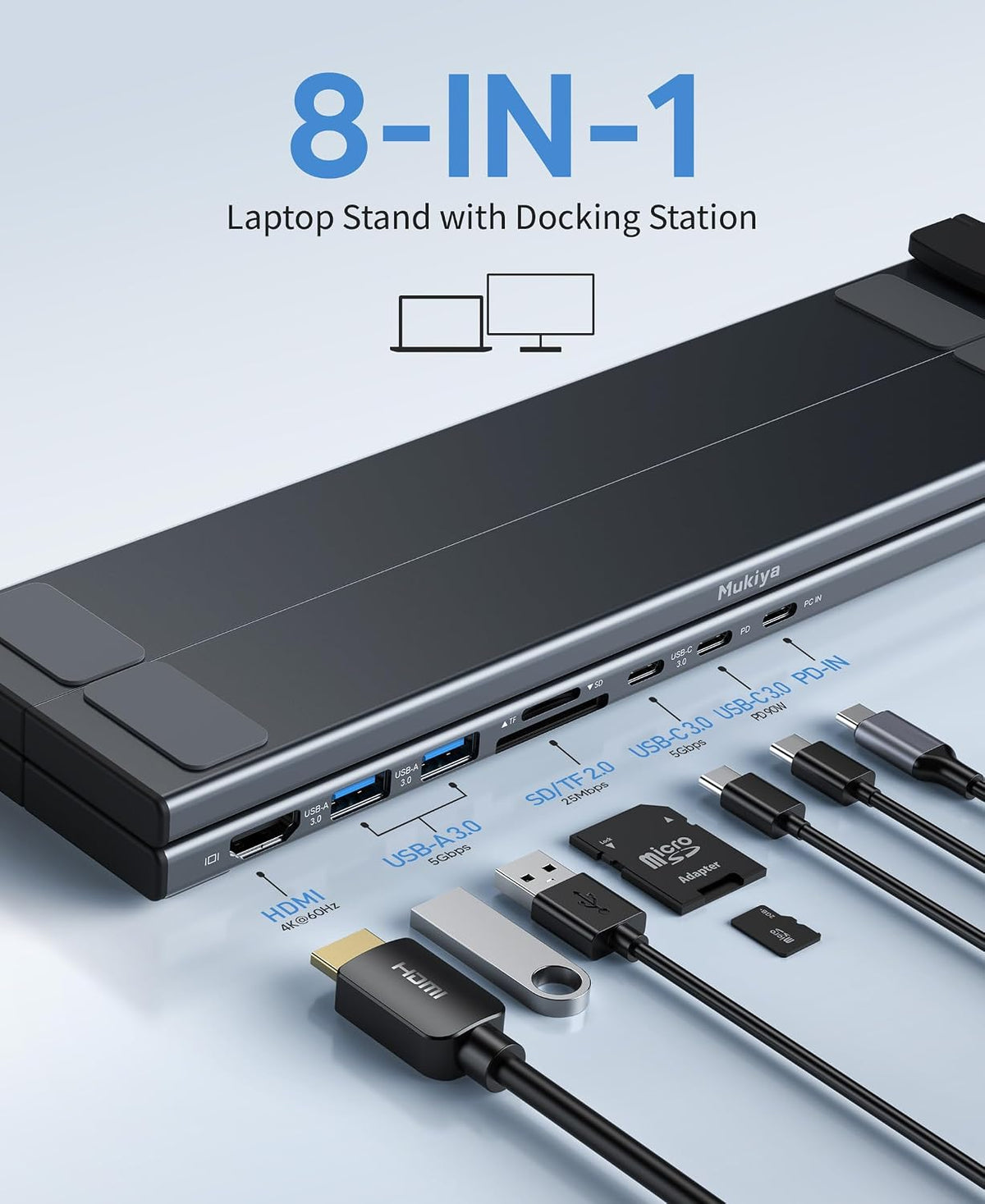Mukiya Portable Laptop Stand with Docking Station, 8-in-1 USB-C Hub