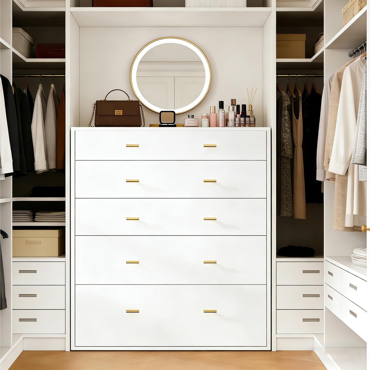 Drawer Dresser with Glass Top and LED Lights, White