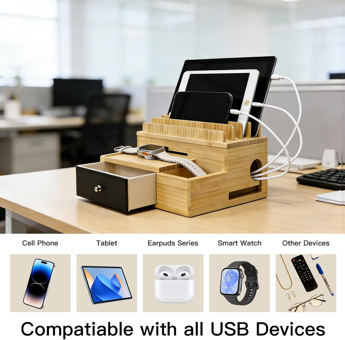 Bamboo Charging Station Organizer with Drawer and Pen Holder