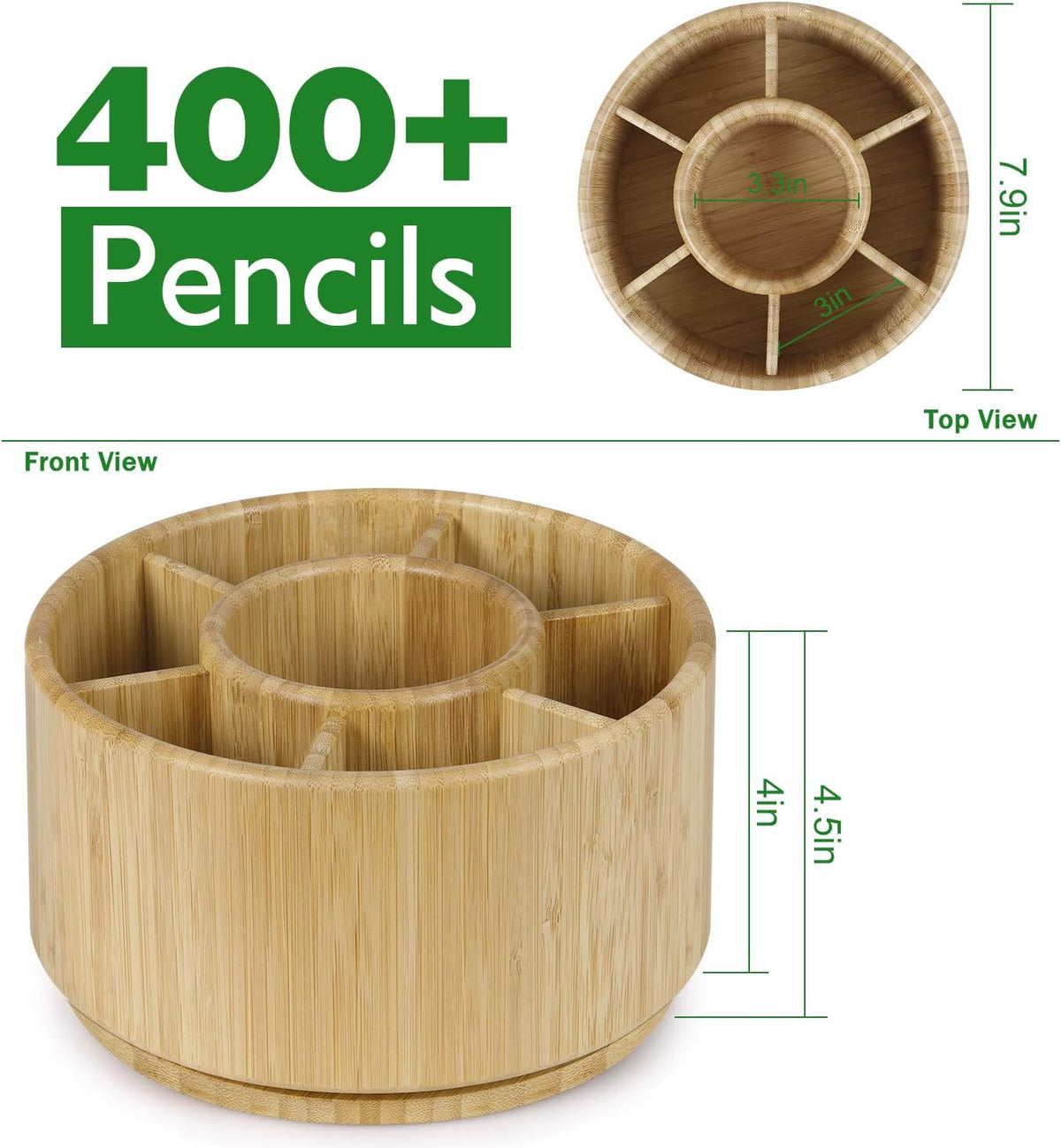 Bamboo Rotating Pencil Holder for Desk,Pen Holder with 7 Compartments