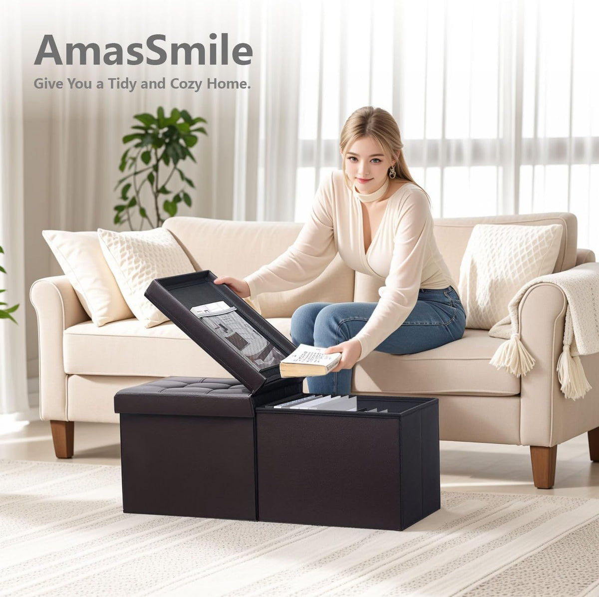AmasSmile Footrest Ottoman Storage Bench,34" Leather Folding Chest,Brown