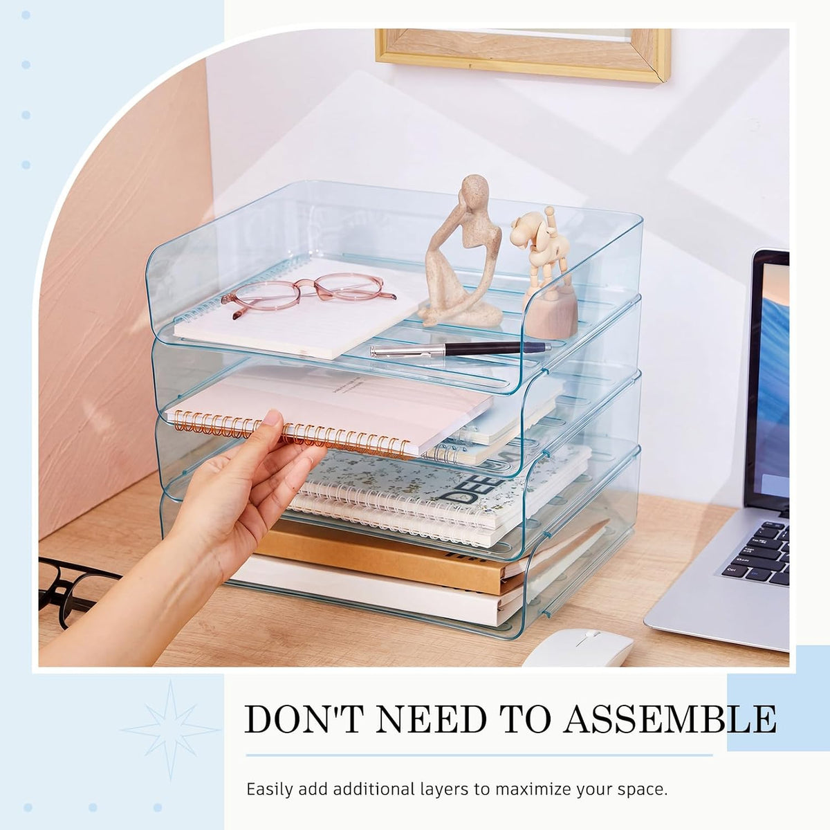 Harloon 4 Tier Clear Blue Acrylic Paper Organizer Letter Tray, Aesthetic Stac...