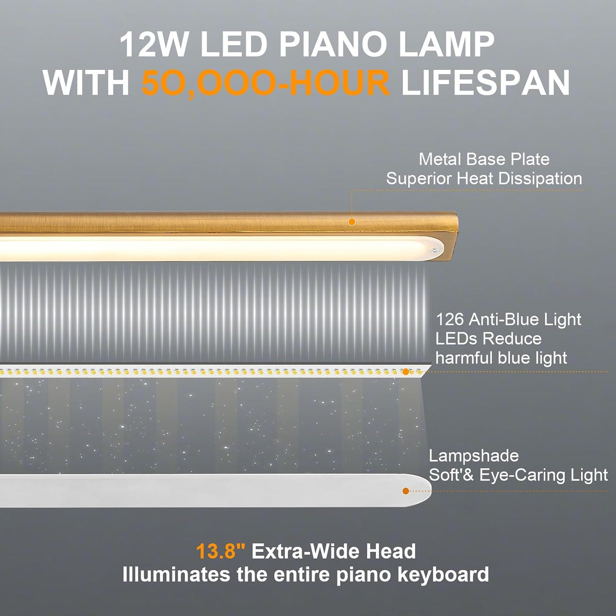 Vintage Gold Piano Lamp with 3-Way Touch Control, Stepless Dimmable
