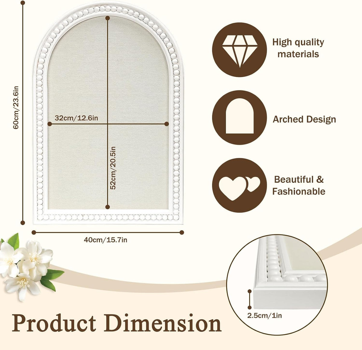 16" x 24" Linen Bulletin Board, Arched White Wood Frame with Beaded...
