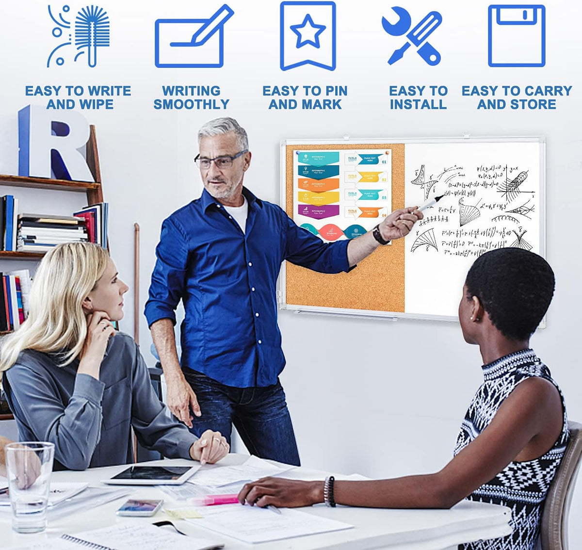 Magnetic White Board and Cork Board Combo 36" x 24" Aluminum Frame