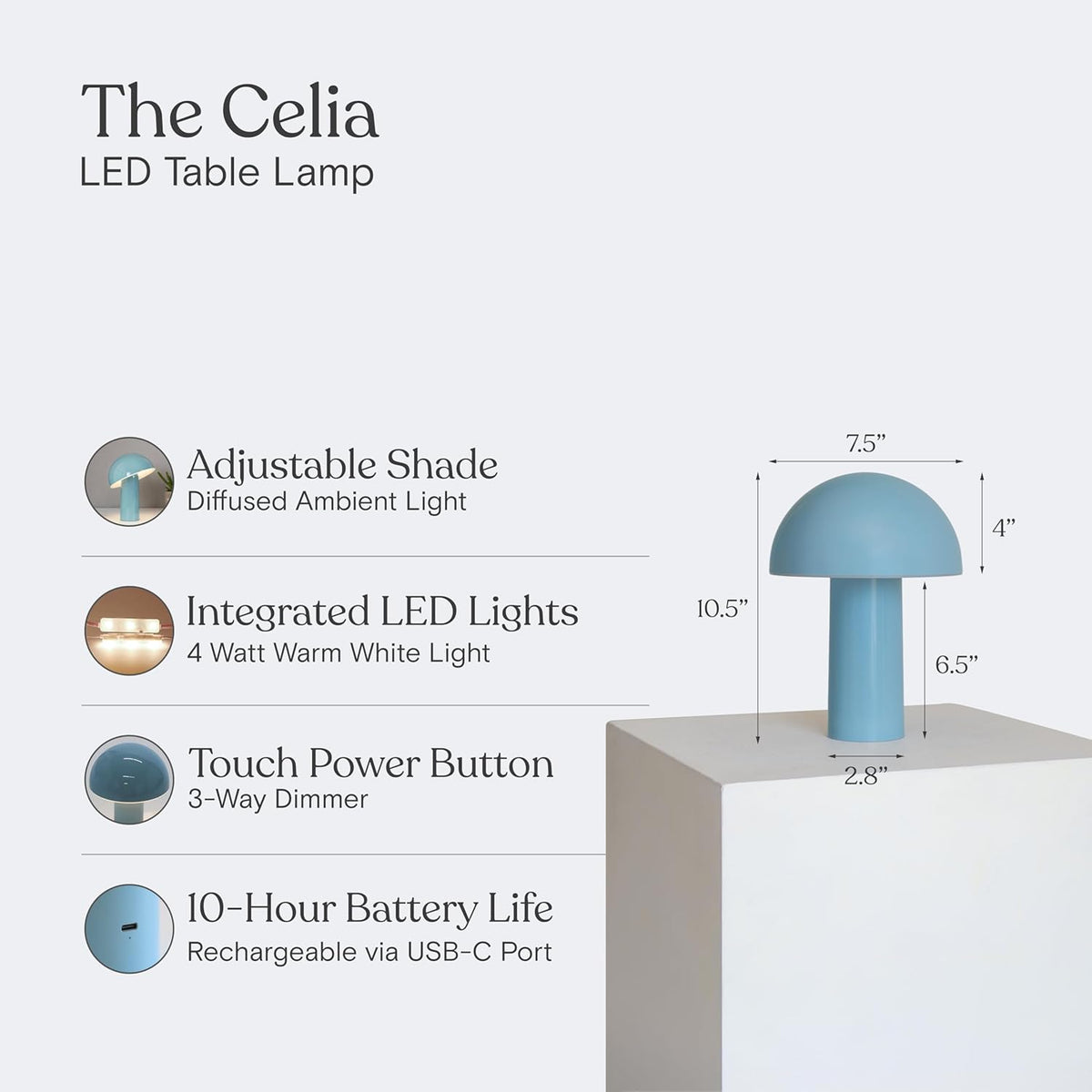 Brightech Celia Small Lamp – 10" Touch-Controlled Mushroom Table Lamp, C...