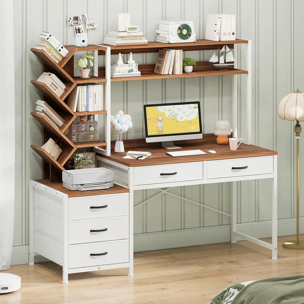 YOMILUVE 52" Computer Desk with Bookshelf, 5 Drawers & Hutch for Bedroom