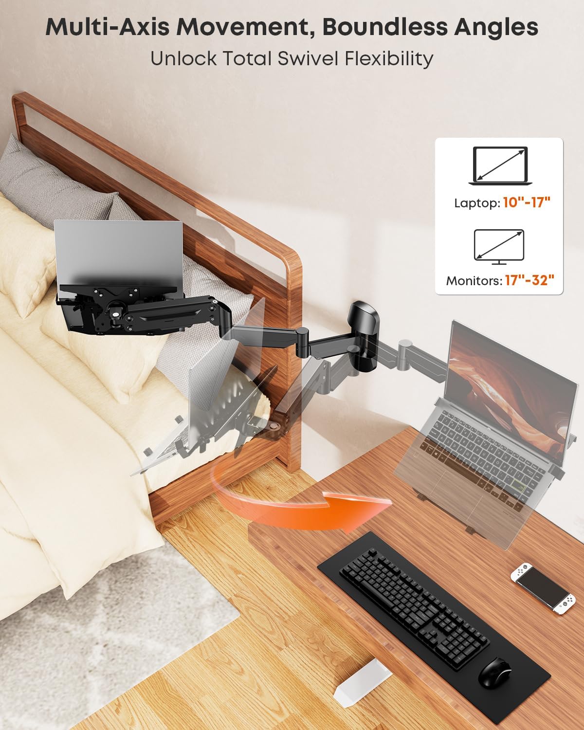 Long Arm 2-in-1 Laptop Wall Mount with Detachable Tray for 12-17'' La...