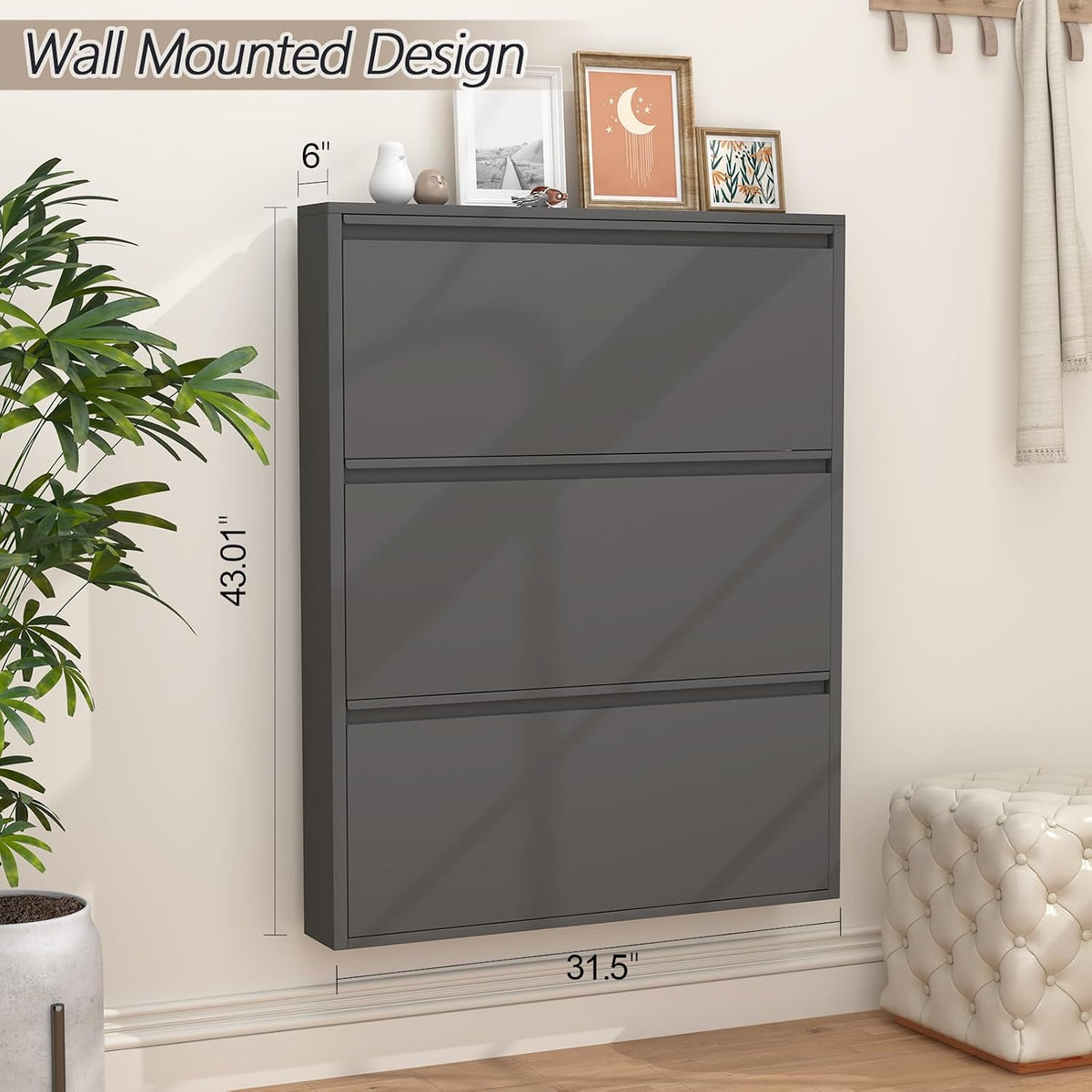 GREATMEET Slim Wall Mounted Metal Storage Cabinet with 3 Flip Drawers