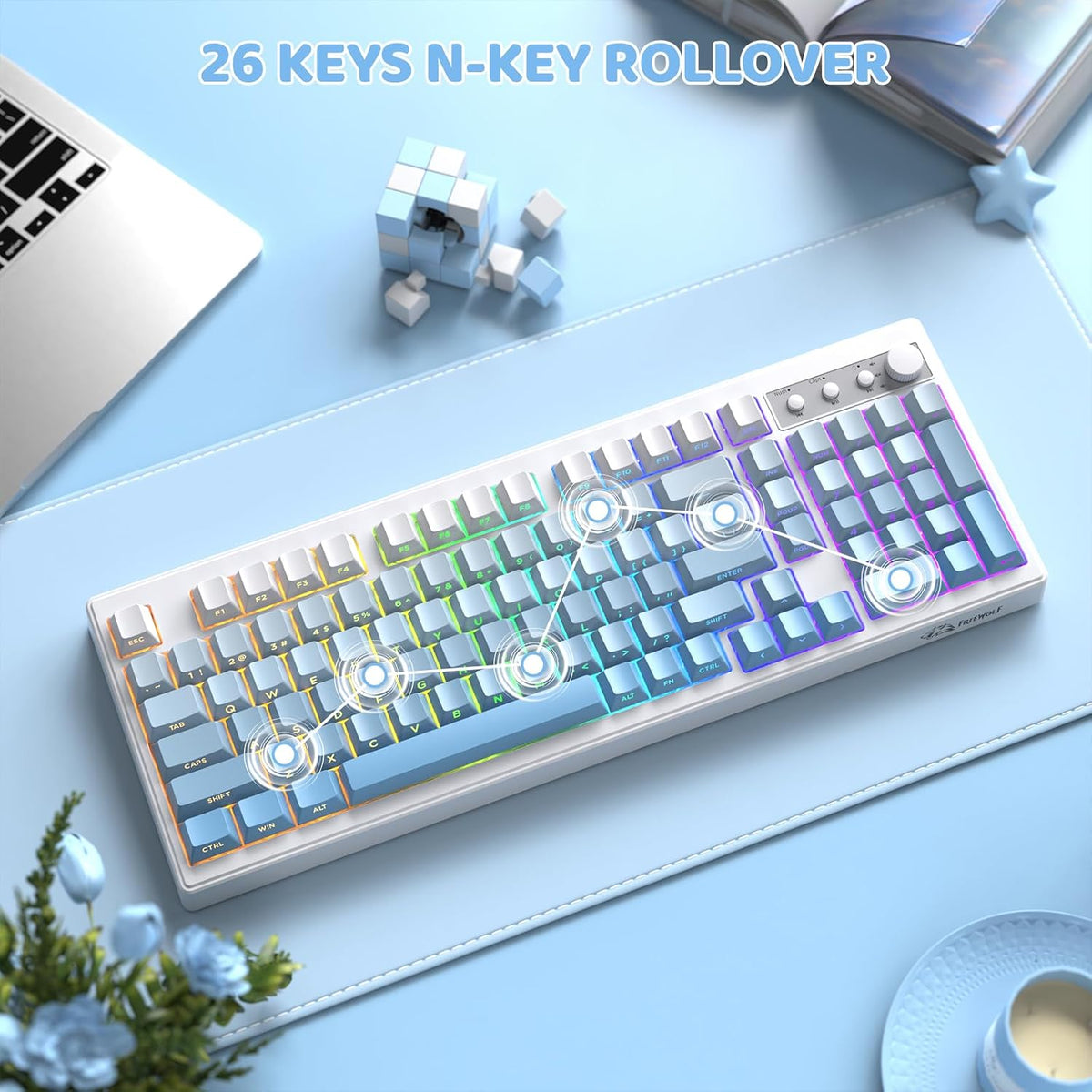 FREEWOLF K100 99 Keys Gaming Membrane Wireless Keyboard with Media Knob,Tri-M...