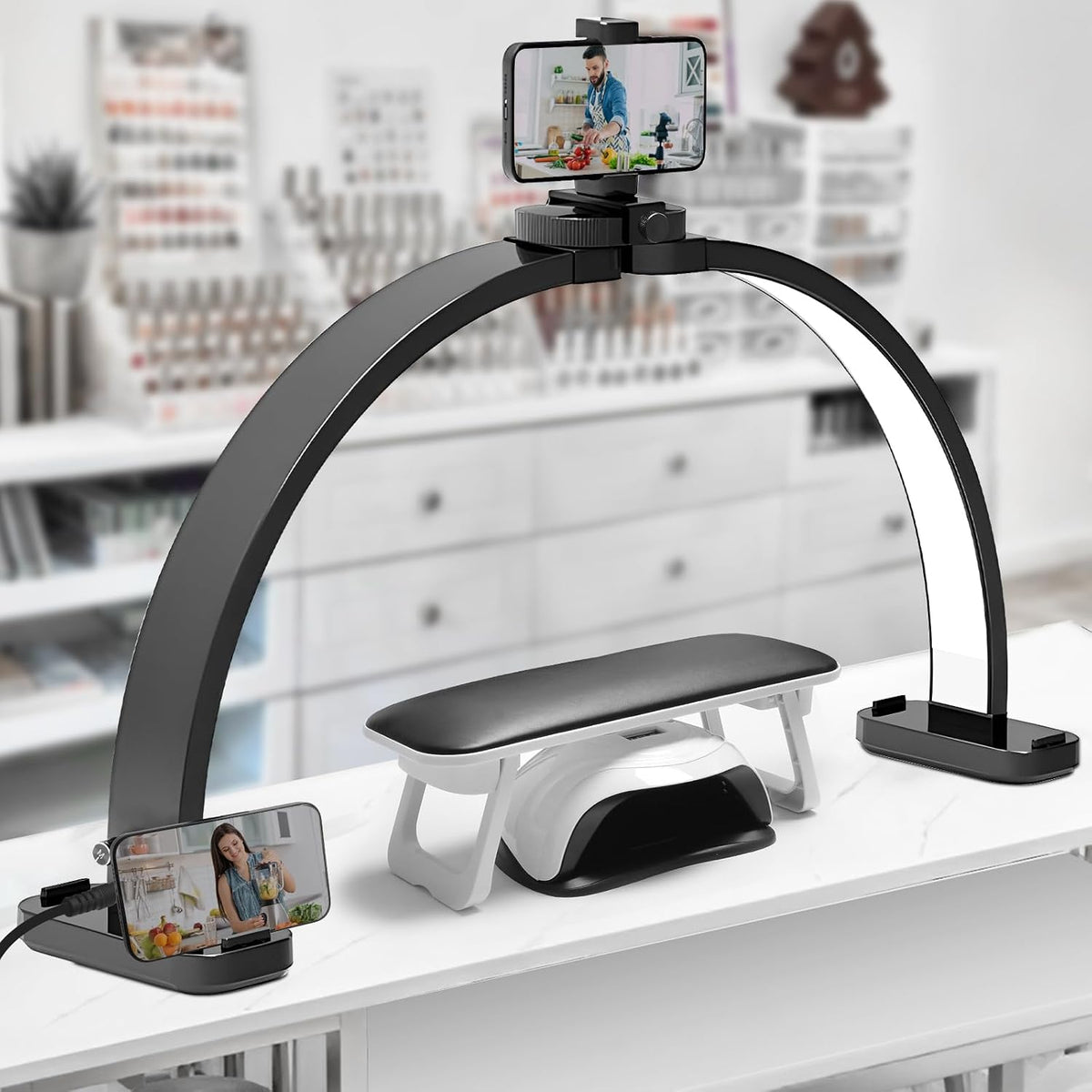 CGBE Nail Tech Light: 30.7" Half Moon Nail Desk Lamp with Phone Holder