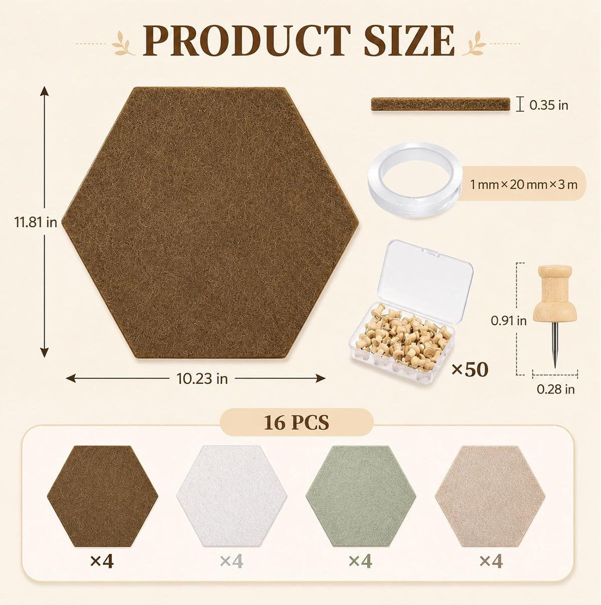 12x10 in 16 Pcs Hexagon Cork Board Tiles, Felt Pin Boards, Sage
