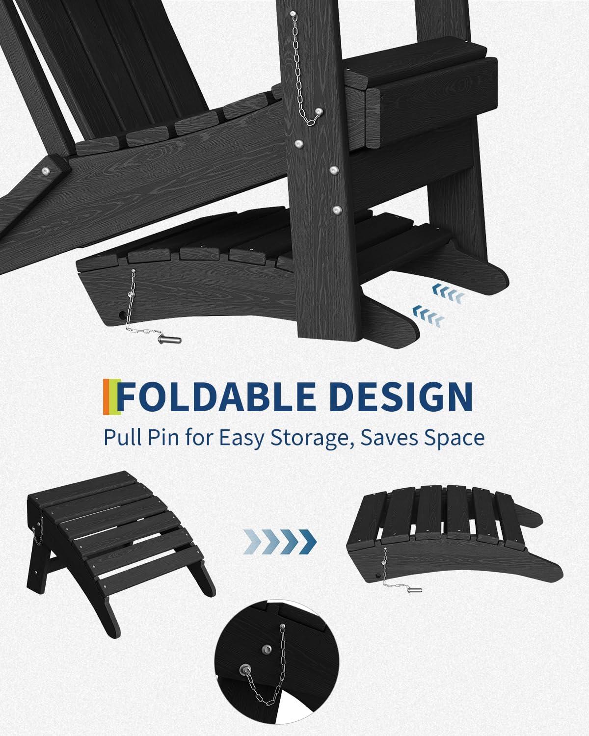 Folding Adirondack Ottoman, HDPE Footrest for Oudoor Chair, Black