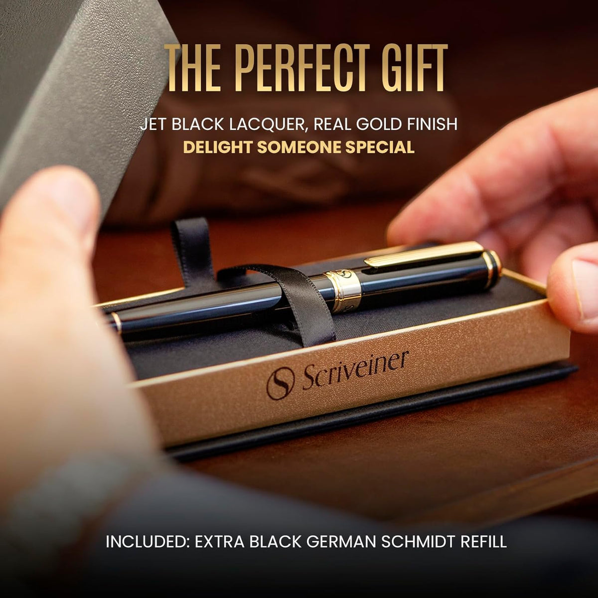 Scriveiner Black Lacquer Rollerball Pen - Stunning Luxury Pen, Real Gold Plat...