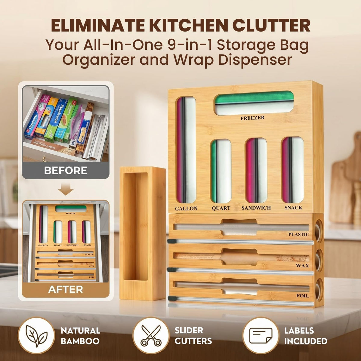 9 in 1 Storage Bag Organizer for Kitchen Drawer, Bamboo Foil and Plastic Wrap...