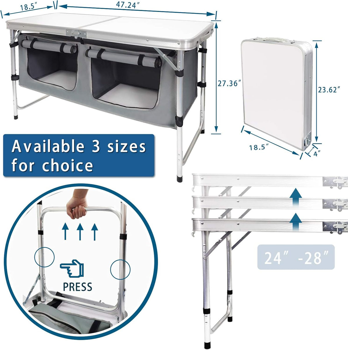 CampLand Outdoor Folding Table Aluminum Lightweight Height Adjustable with St...