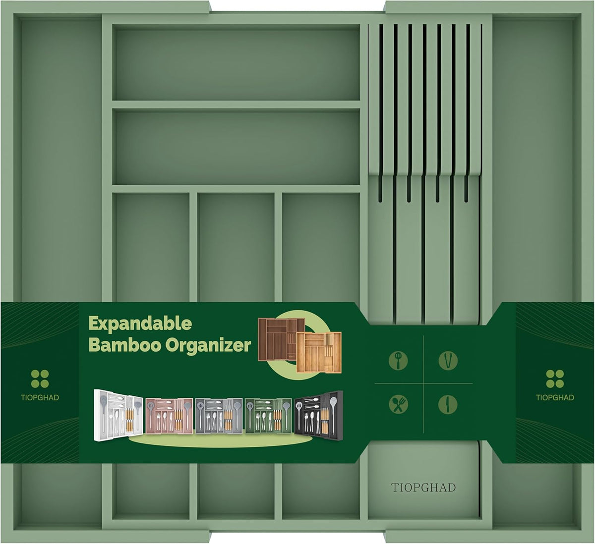 TIOPGHAD Expandable Bamboo Silverware Drawer Organizer Tray, Grayish Green