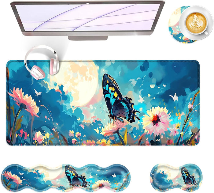 Large Keyboard Mouse Pad Set, Extended Mouse Pad+Keyboard Wrist Rest Support, Memory Foam Ergonomic Easy Typing, 4Pcs (31.5×11.8 in) Desk Pad Set for Office Home,Flowers and Butterflies