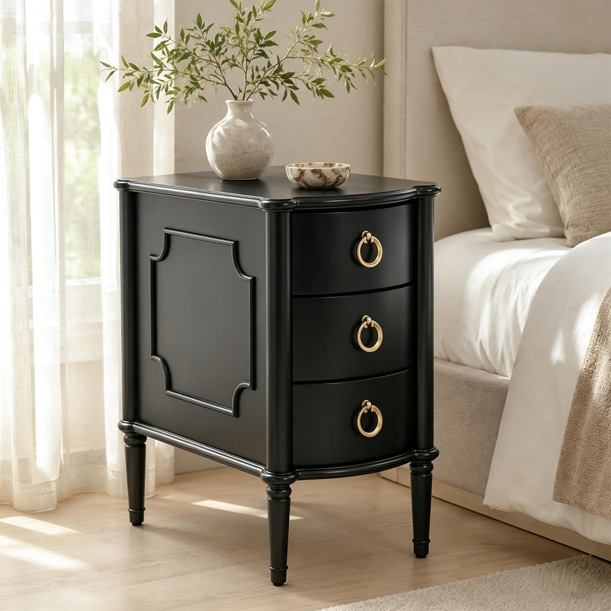 Mid-Century Narrow Nightstand, Wood Bedside Table, Black