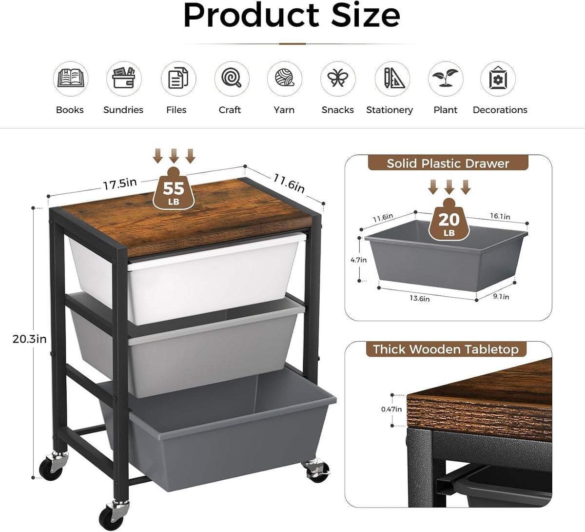Rolling Cart with 3 Drawers, Plastic Drawer Storage Carts with Lockable Wheel...