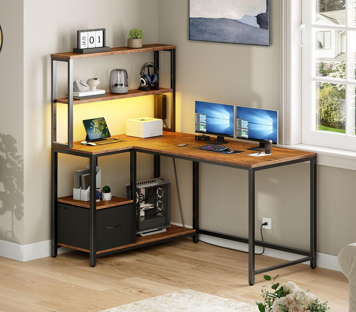 HOOBRO L Shaped Gaming Desk, 46 Inch Reversible Computer Desk with LED Light ...