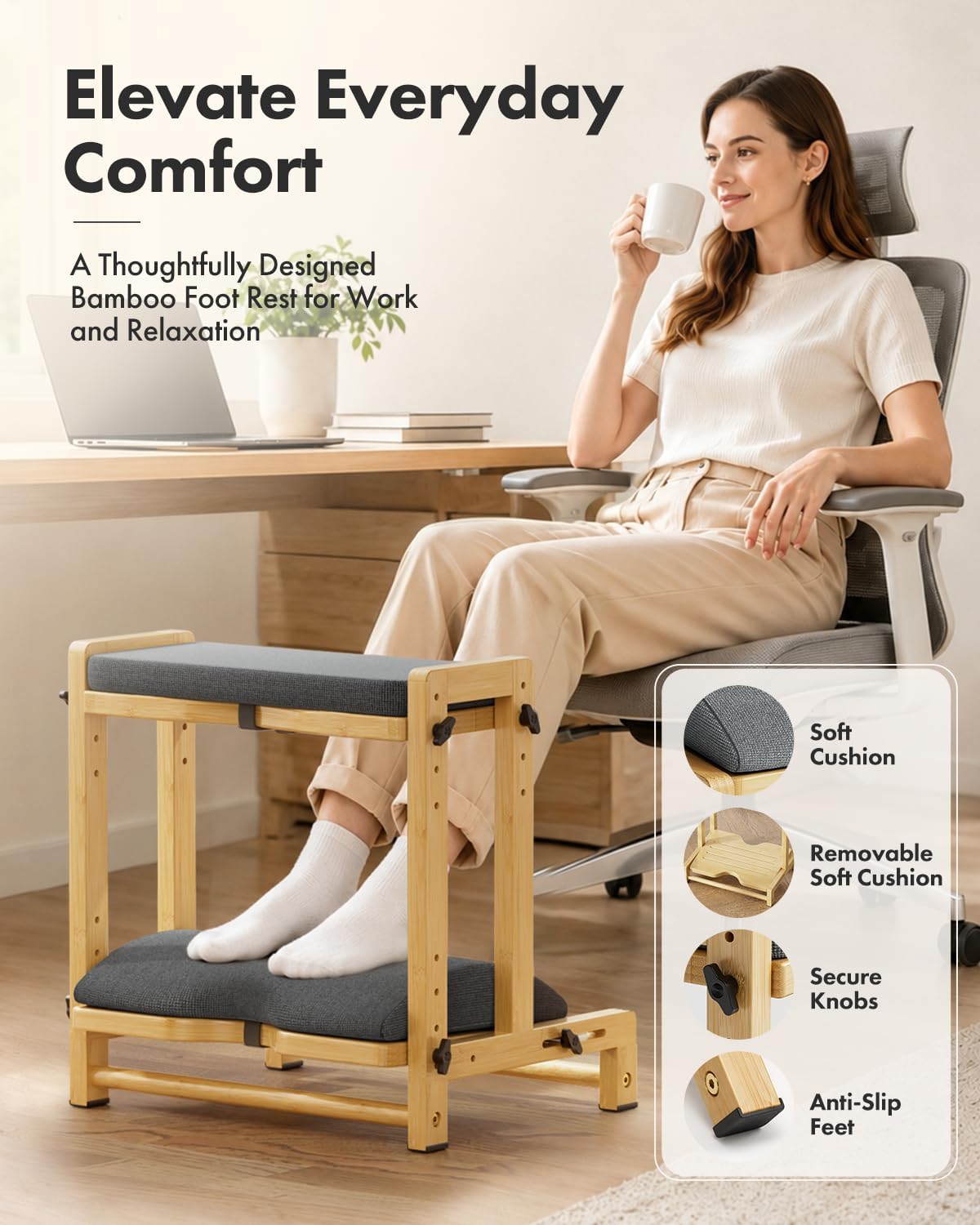 Amazer Double Step Foot Rest for Under Desk, 4 Adjustable Heights Bamboo Unde...