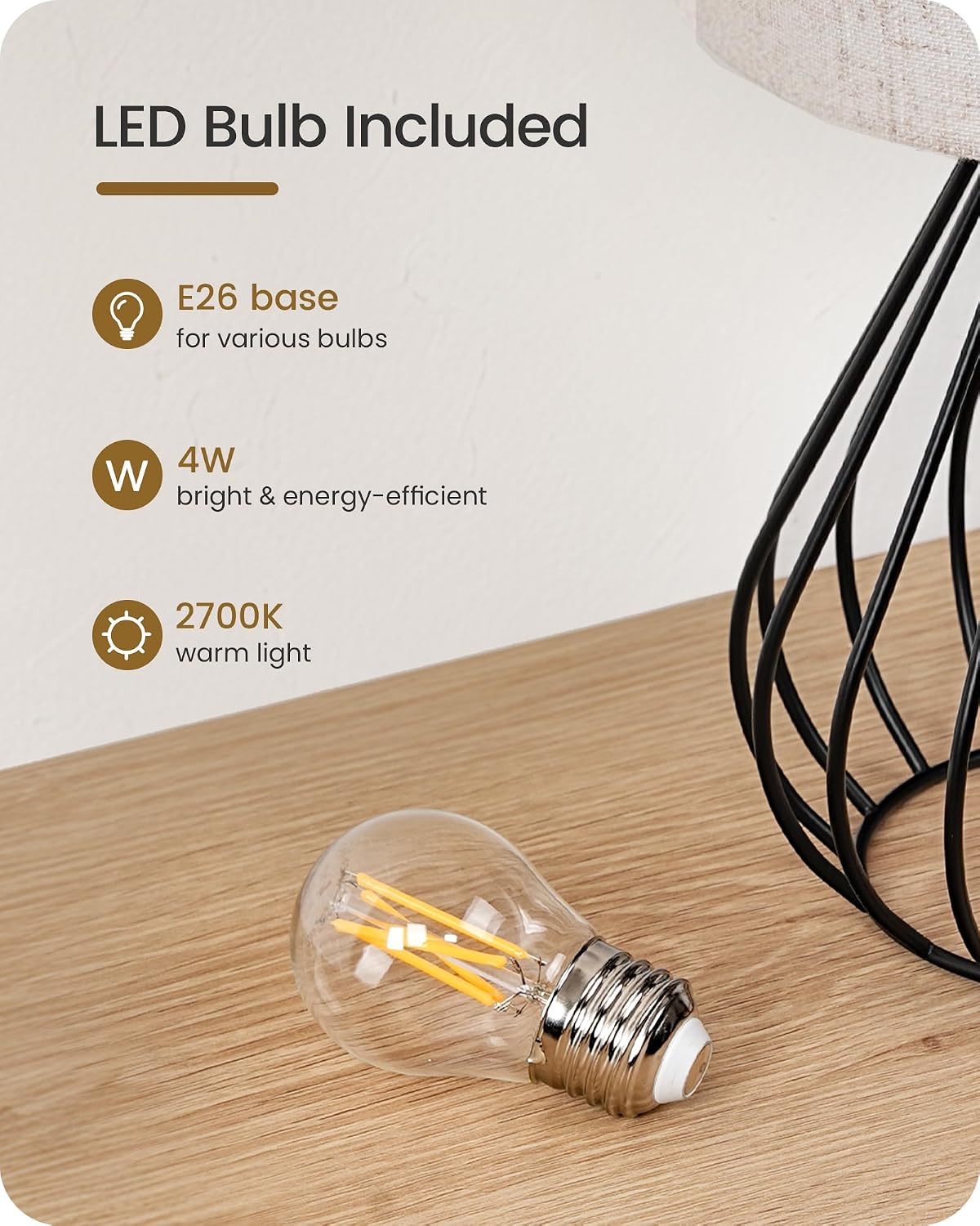 Small Bedside Table Lamp, Black Table Lamp with Metal Cage & Linen Lampsh...