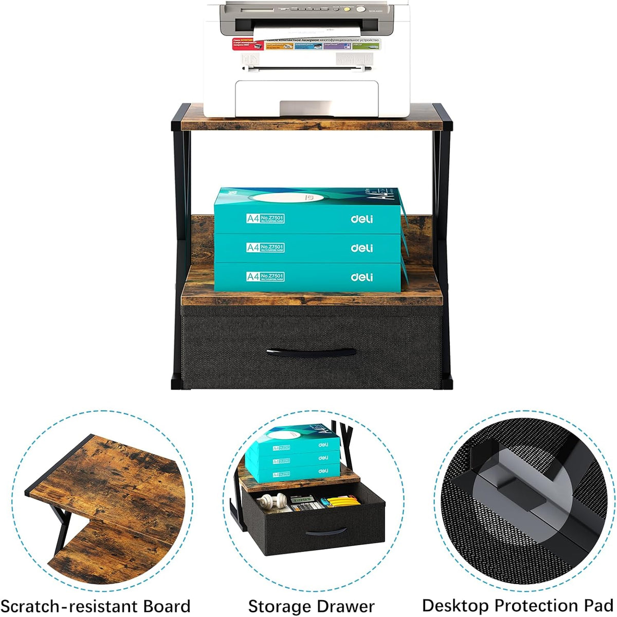 aboxoo Printer Stand for Desk with Storage Drawer, 2 Tier Desktop Or UnderDes...