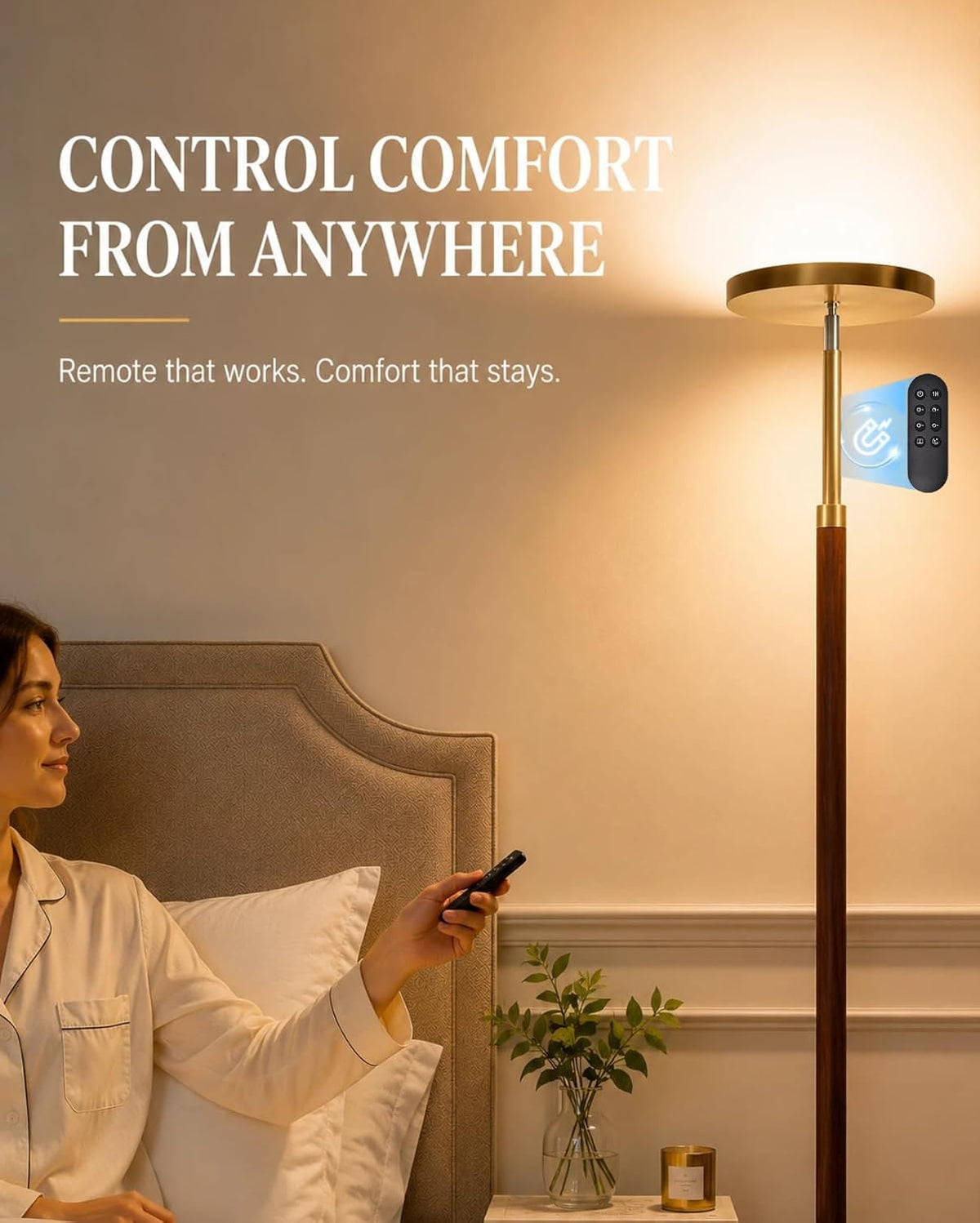 JOOFO Wood LED Torchiere Floor Lamp with Remote, 3000LM Dimmable