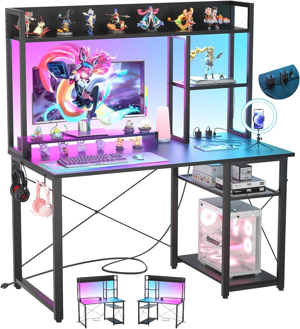 Cyclysio Gaming Desk with Hutch, 39'' Computer Desk with LED Lights &...