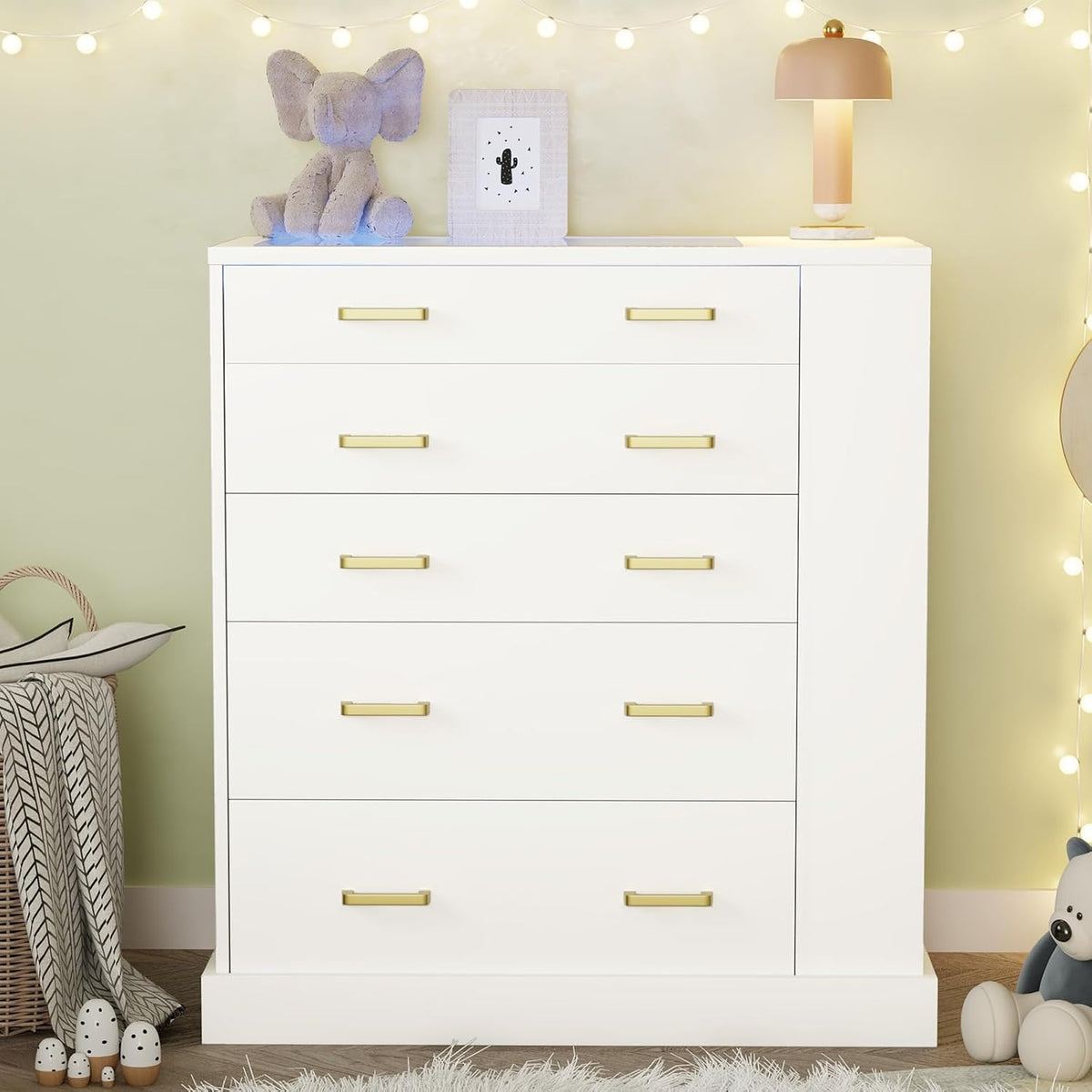 Drawer Dresser with Glass Top, LED Lights, 3 Open Shelves
