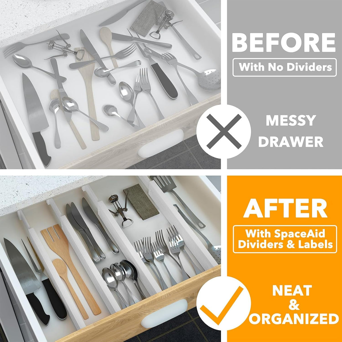 SpaceAid 4 Pack Bamboo Drawer Dividers with Labels, Kitchen Adjustable Drawer...