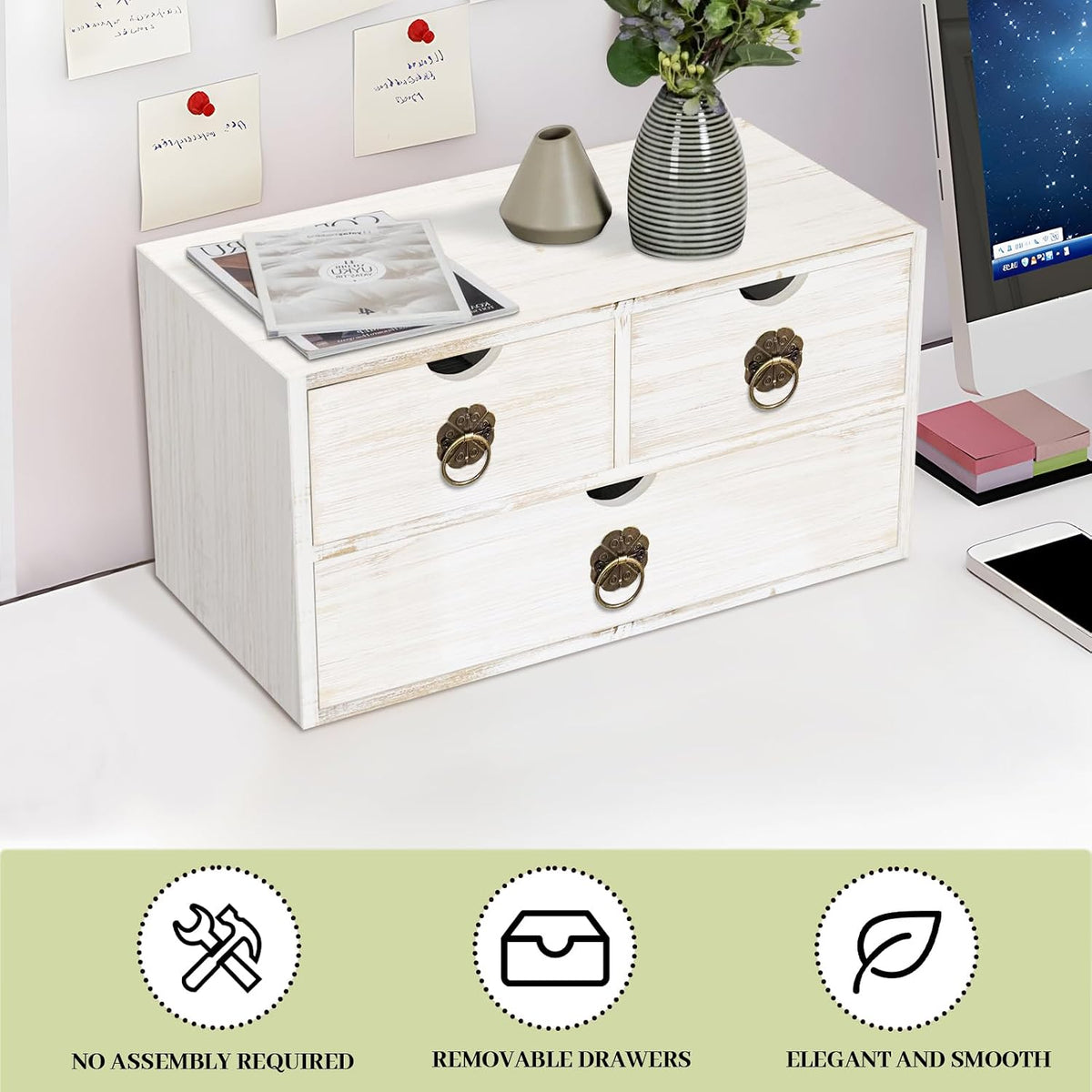 Wood Desk Organizer with Drawer, White Wooden Desktop Organizer, Tabletop Sto...