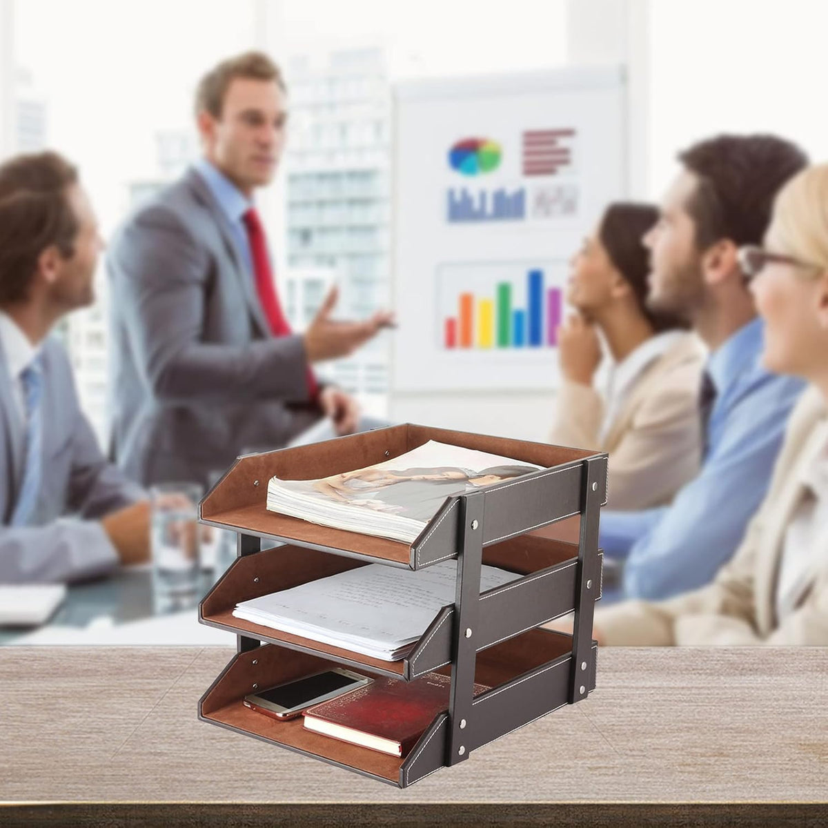 Very Sturdy 3 Tier Leather Desk File Rack for Office Supplies/Stationery/Fold...