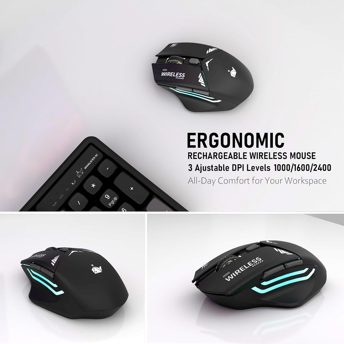 Rechargeable Wireless Keyboard and Mouse Combo, Full-Size - Black-Gray