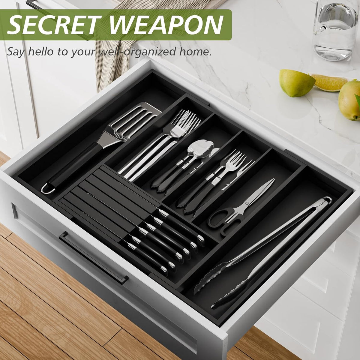 Bamboo Kitchen Silverware Drawer Organizer - Expandable Wood Utensil Holder w...