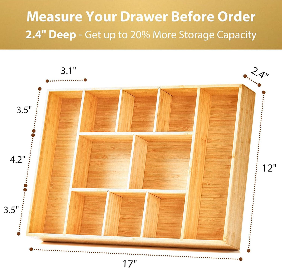 Umilife Extra Large Bamboo Desk Drawer Organizer, Wood Junk Organizer Tray wi...