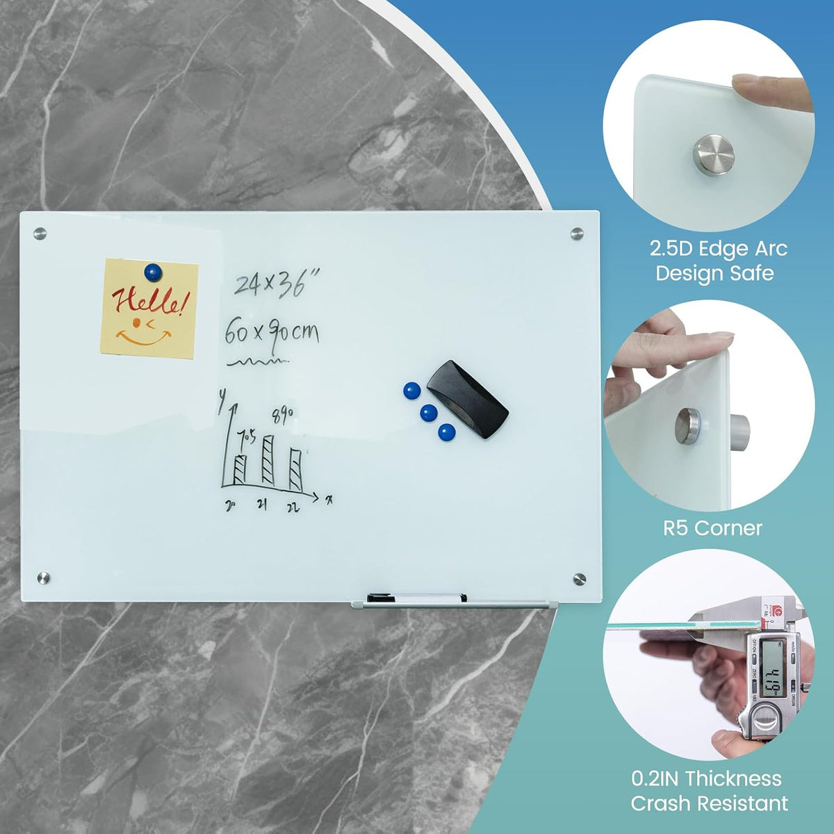 36x24 Magnetic Glass Dry Erase Board, Frameless Glass Whiteboard for Wall
