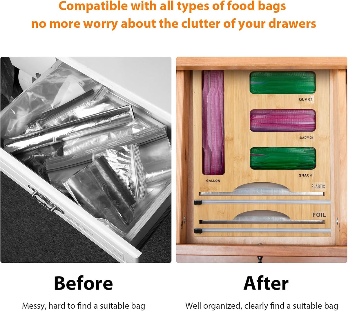 Storage Bag Organizer with Foil and Plastic Wrap Organizer , Aluminum Foil Di...
