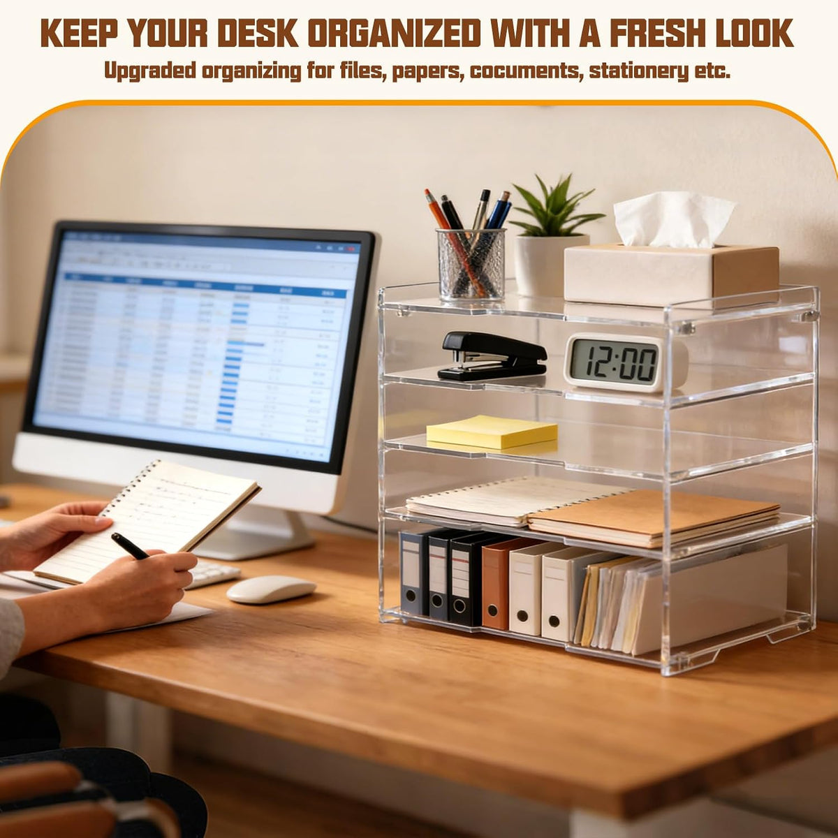 Leffis 5 Tier Large Capacity Acrylic Desk Organizer, Clear Paper Tray