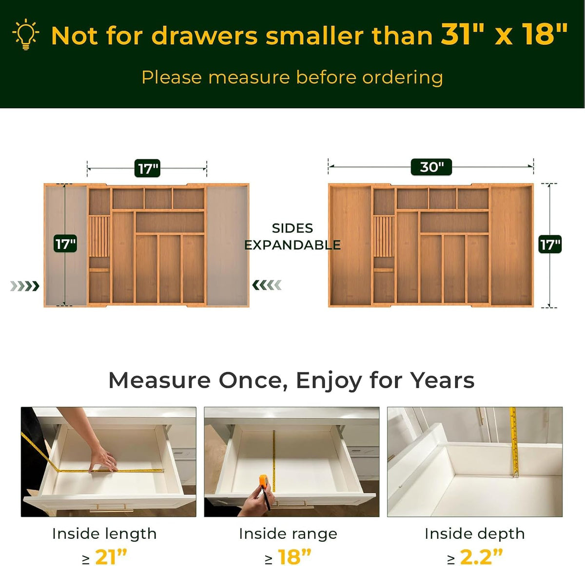 keechee Carbonized Large Bamboo Kitchen Drawer Organizer, 12 Slots Expandable...