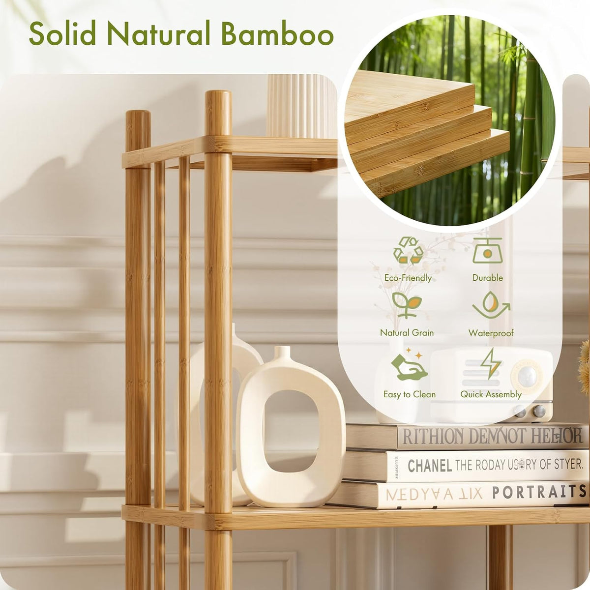 4 Tier Book Shelf, Wide Bamboo Bookshelf, Tall Bookcase with 8 Open Display S...
