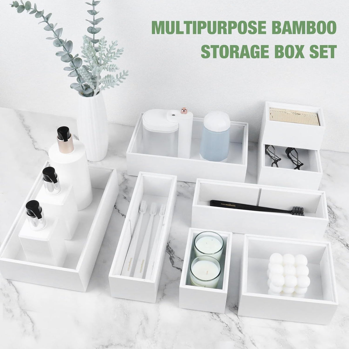Bamboo Drawer Organizer Set, 8 PCS White Multi-Use Wood Drawer Storage Kitche...