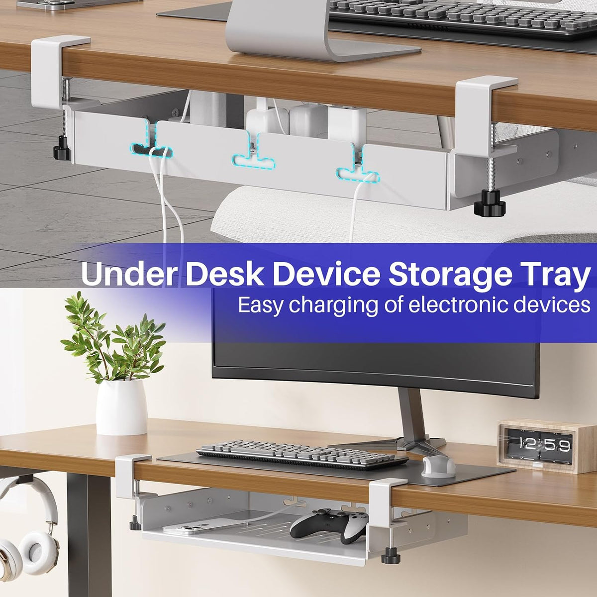BYMECOST No Drill Under Desk Laptop Mount, Metal Under Desk Storage Shelf