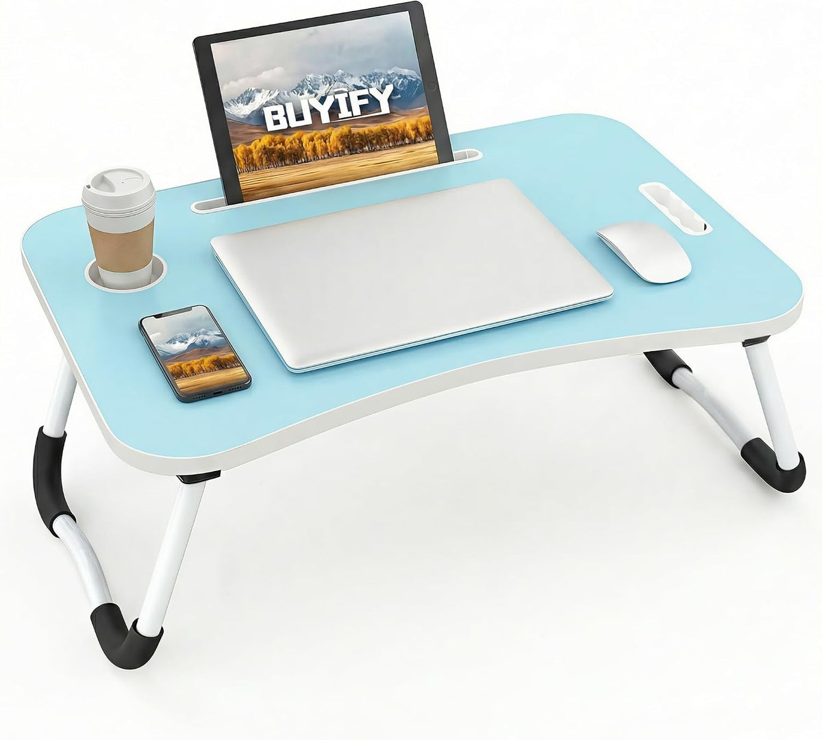 BUYIFY 23" Foldable Lap Desk for Laptop Writing w/Cup Holder Blue