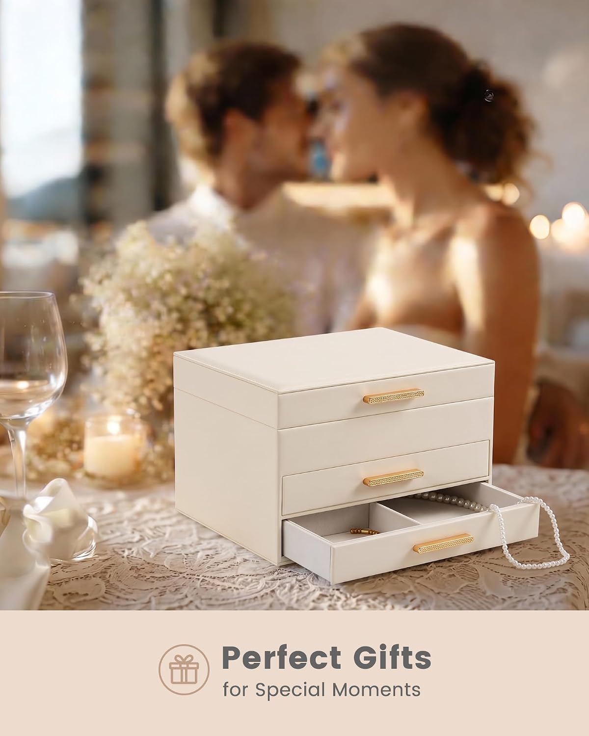 Lolalet 3-Layer Jewelry Box Organizer for Women Girls Room Decor -Beige