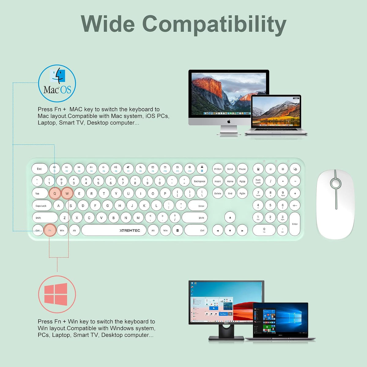Wireless Keyboard and Mouse Combo, XTREMTEC 2.4GHz Full Size Ultra Slim Green...