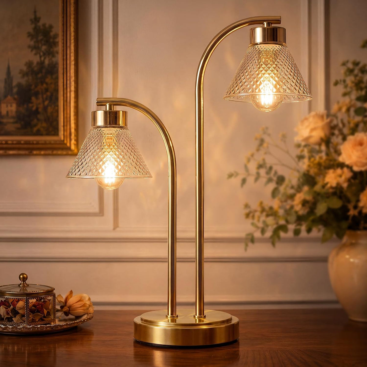 Mid Century Modern Gold Lamp for Bedroom, Amber